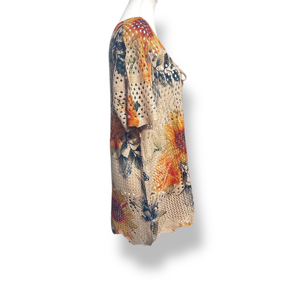 Floral Crochet Tie Front Cardigan XL Tan Sunflower‎ Boho Cottagecore Casual - Picture 4 of 7